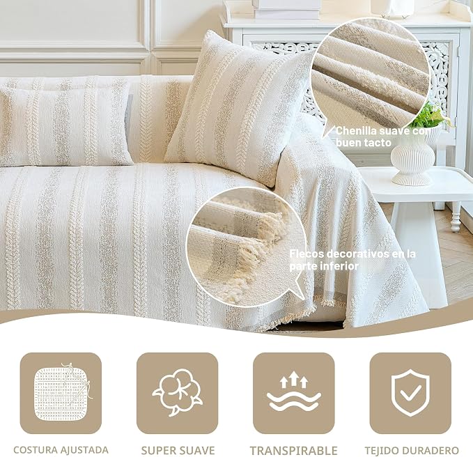 Solo Cover – Funda Protectora para Sofá de Chenilla, Antideslizante, Lavable, Beige 71x118 pulg.