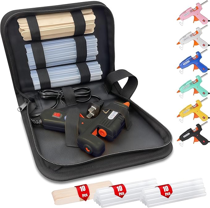 MONVICT Kit de mini pistola de pegamento caliente de 30 W, pistola de pegamento de precalentamiento rápido con estuche de almacenamiento, 20 barras de pegamento premium, 10 palitos de madera