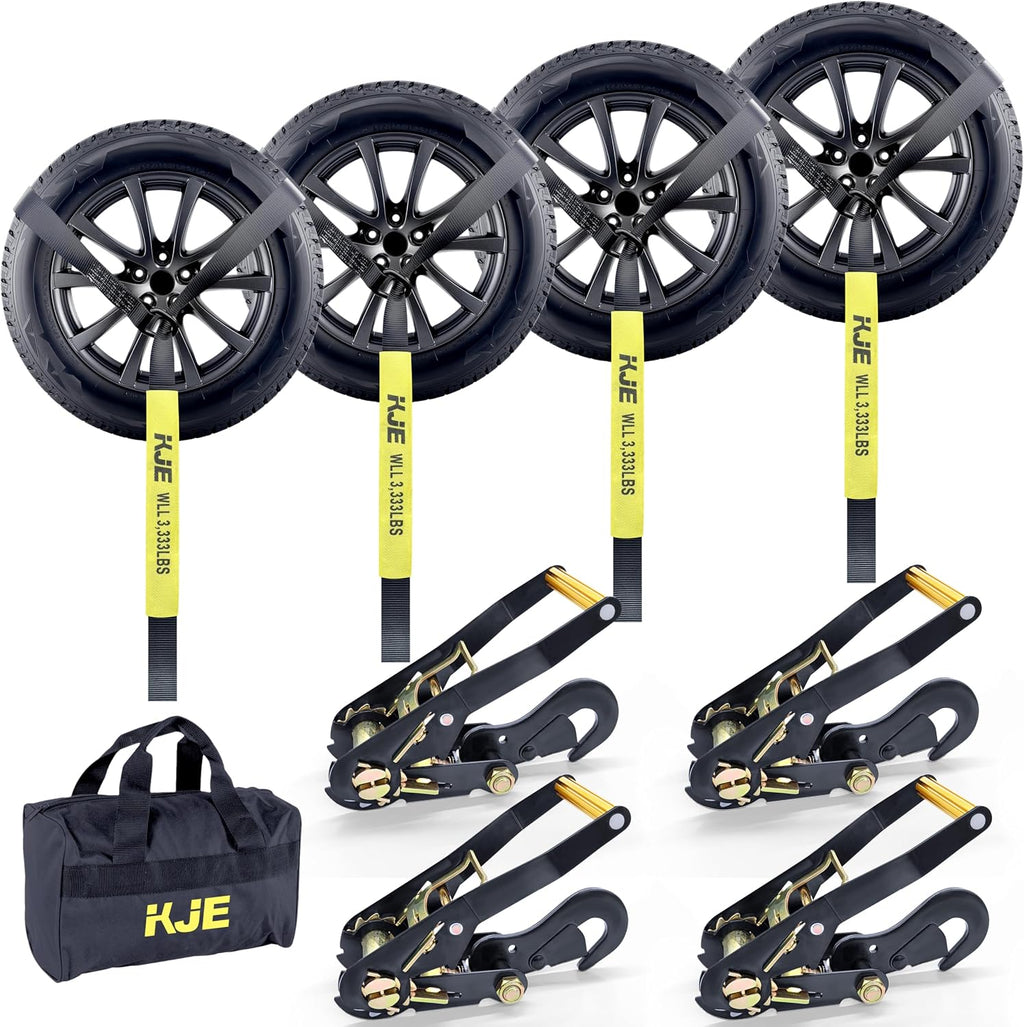 ARTICULO VIENE COMO SE MUESTRA EN LA IMAGEN ) Correas de Amarre KJE para Remolque, 4 Piezas | Estilo Lazo con Ganchos y Trinquete | 2 x 10 Pies, 10,000 lbs de Resistencia | para UTV, SUV y Camiones