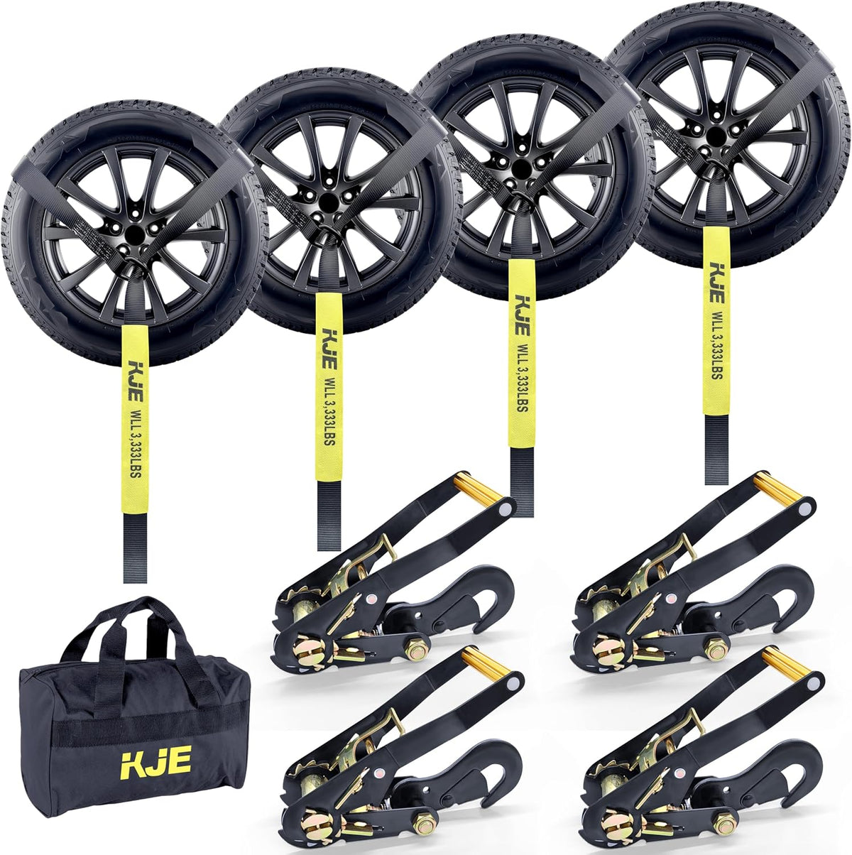 ARTICULO VIENE COMO SE MUESTRA EN LA IMAGEN ) Correas de Amarre KJE para Remolque, 4 Piezas | Estilo Lazo con Ganchos y Trinquete | 2 x 10 Pies, 10,000 lbs de Resistencia | para UTV, SUV y Camiones