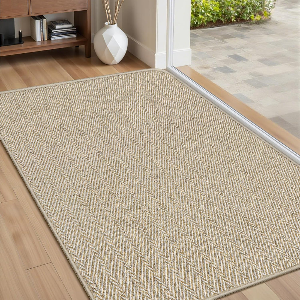 Alfombra ultrafino para entrada interior de 27 x 16 pulgadas alfombra de perfil bajo para interiores, alfombra antideslizante con base de goma, diseño único de espiga, alfombra interior que atrapa la suciedad, alfombra de entrada, color beige.