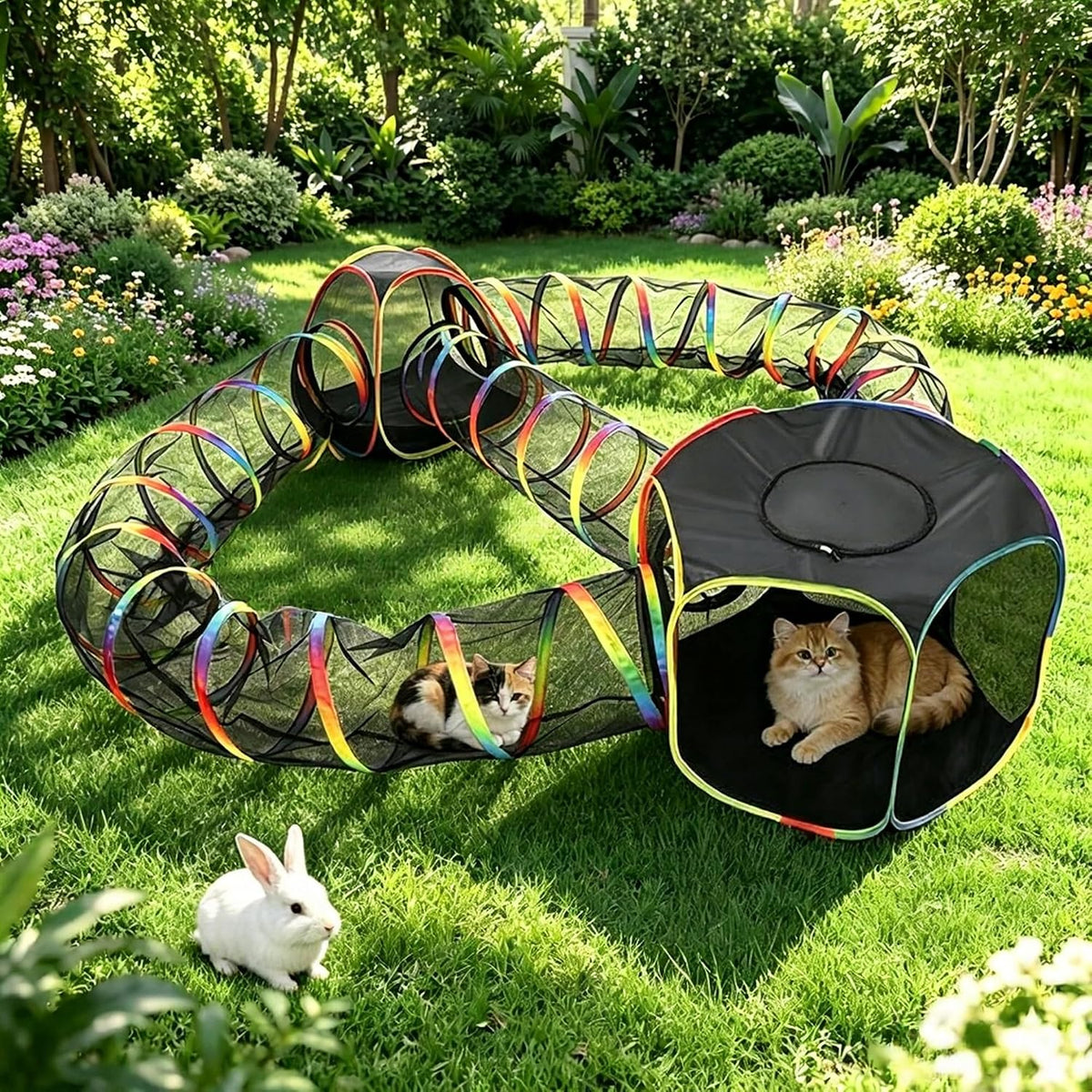Recinto exterior CypherX Rainbow para gatos, tienda de campaña portátil 5 en 1 para gatos, sin jaula, para exteriores, túnel para mascotas, parque de juegos al aire libre para gatos de interior y animales pequeños.