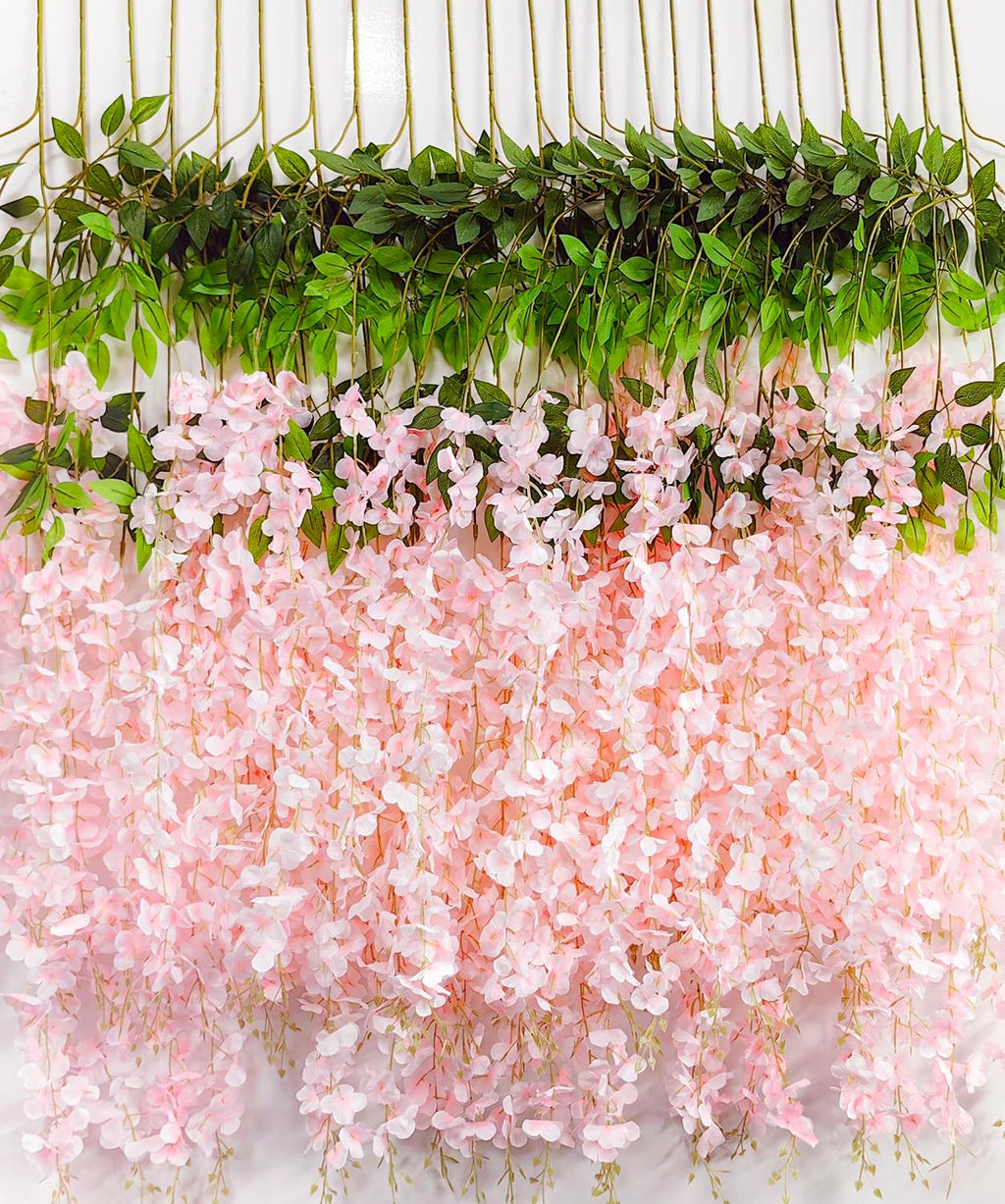 Guirnalda de Glicinia Colgante Rosa Claro – Paquete 24 Flores Artificiales de Seda en Ratán | Decoración Bodas, Hogar y Fiestas