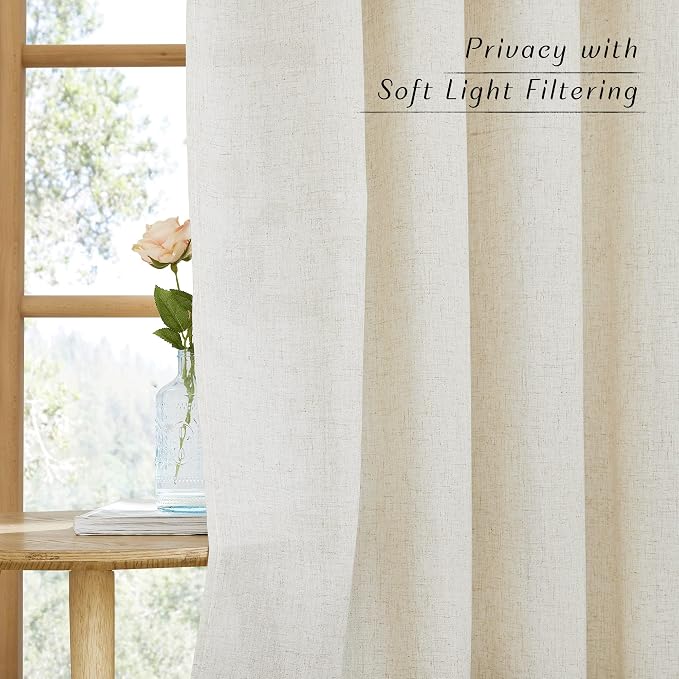 Cortinas de Lino NICETOWN 107x229 cm – Semitransparentes, Ojetes, Filtrado de Luz y Privacidad, Color Natural, 2 Piezas