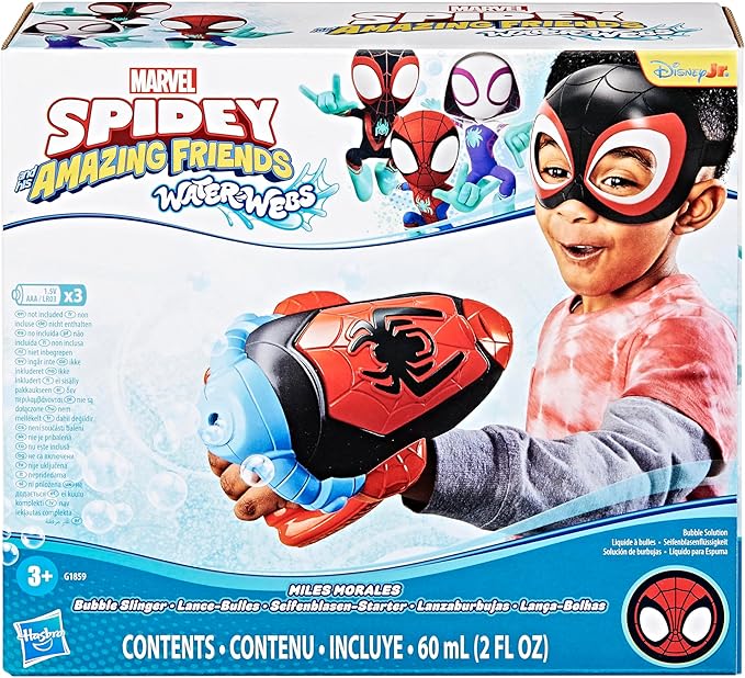 Spidey and his Amazing Friends Marvel Water-Webs Miles "Spin" Morales - Juego de rol electrónico de burbujas con máscara, juguetes de superhéroes para niños, a partir de 3 años (exclusivo de Amazon)