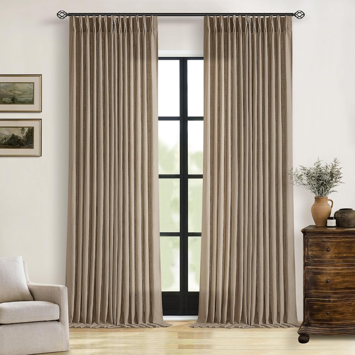 Farmhouse Tan Brown Linen Curtains 102 Inches Long for Living Room Pinch Pleated Drape with Hooks Rings for Track System Light Filtering 102 Inch Curtain for Bedroom Sliding Patio Door 2 Panels