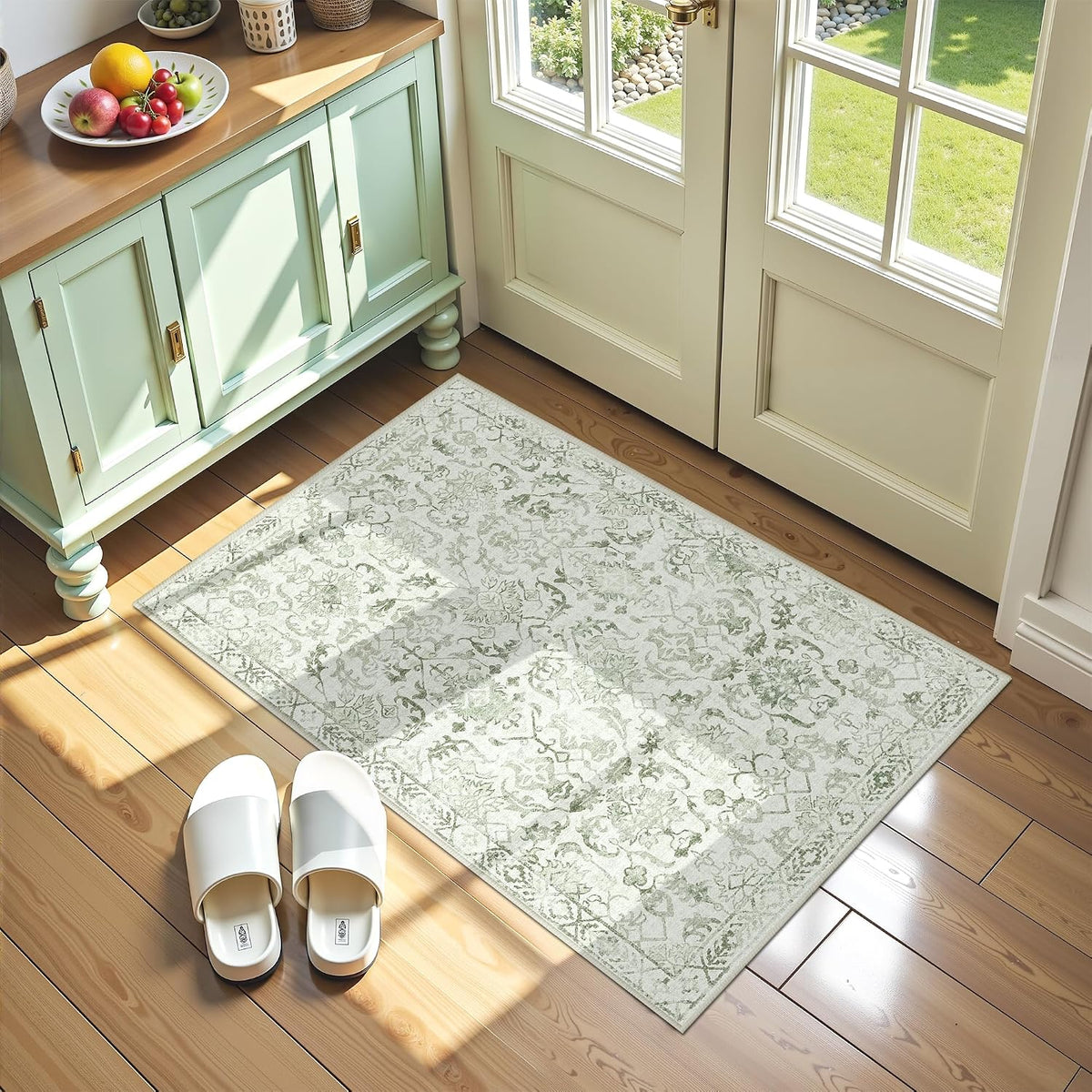 Tapete Área Pequeño Sage 61 x 91 cm, Alfombra Entrada Baño Cocina, Sin Deslizamiento Baja Felpa Lavable Boho Moderno Distressed, Lavadería Interior 61 x 91 cm