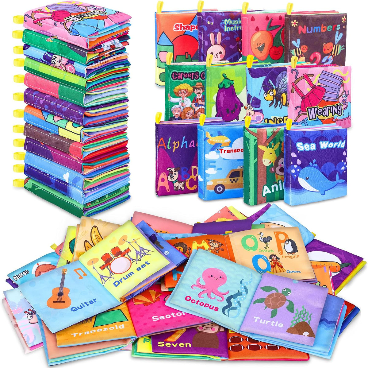 Libros de Bano para Bebe, Set de 12 Libros de Tela Suave Impermeables, Juguete Educativo Temprano para Recien Nacidos e Infantes