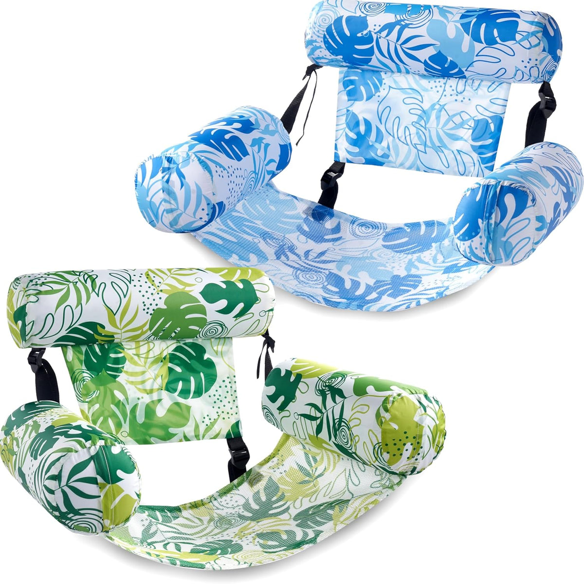 Flotadores inflables SLOOSH para adultos, paquete de 2 tumbonas flotantes, flotadores inflables resistentes para adultos, silla flotante para fiestas, verano, playa, lago, diversión, hojas de verano - verde, azul
