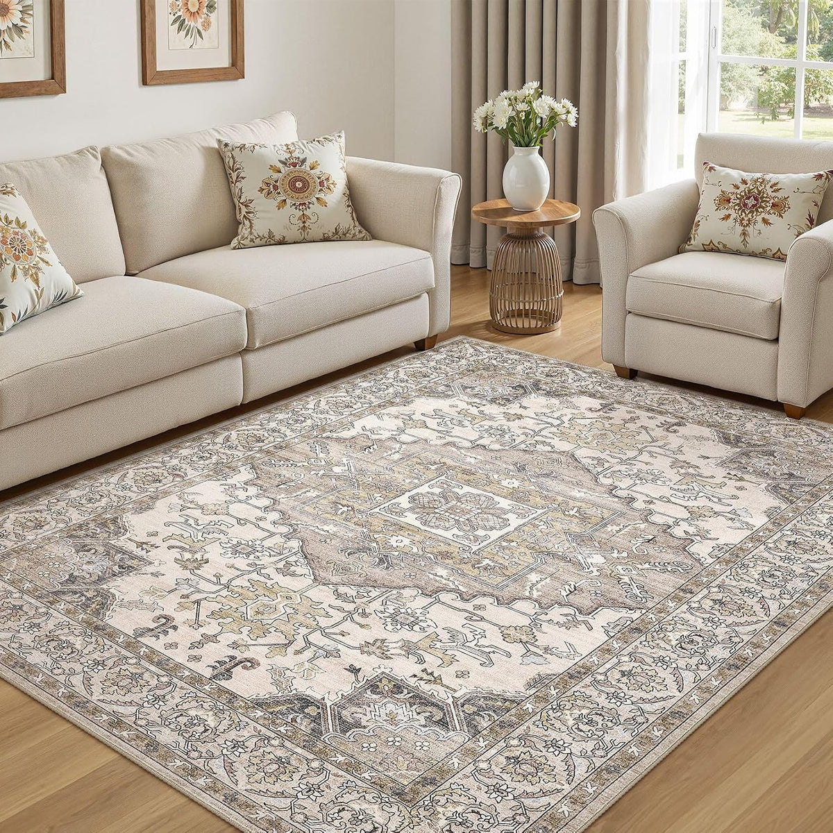 Alfombras lavables ELLIUNE de 5x8 para sala de estar: Alfombra antideslizante marrón vintage, alfombra grande, suave y resistente a las manchas para interiores, ideal para dormitorio, comedor, casa de campo, guardería, oficina en casa y apta para niños y