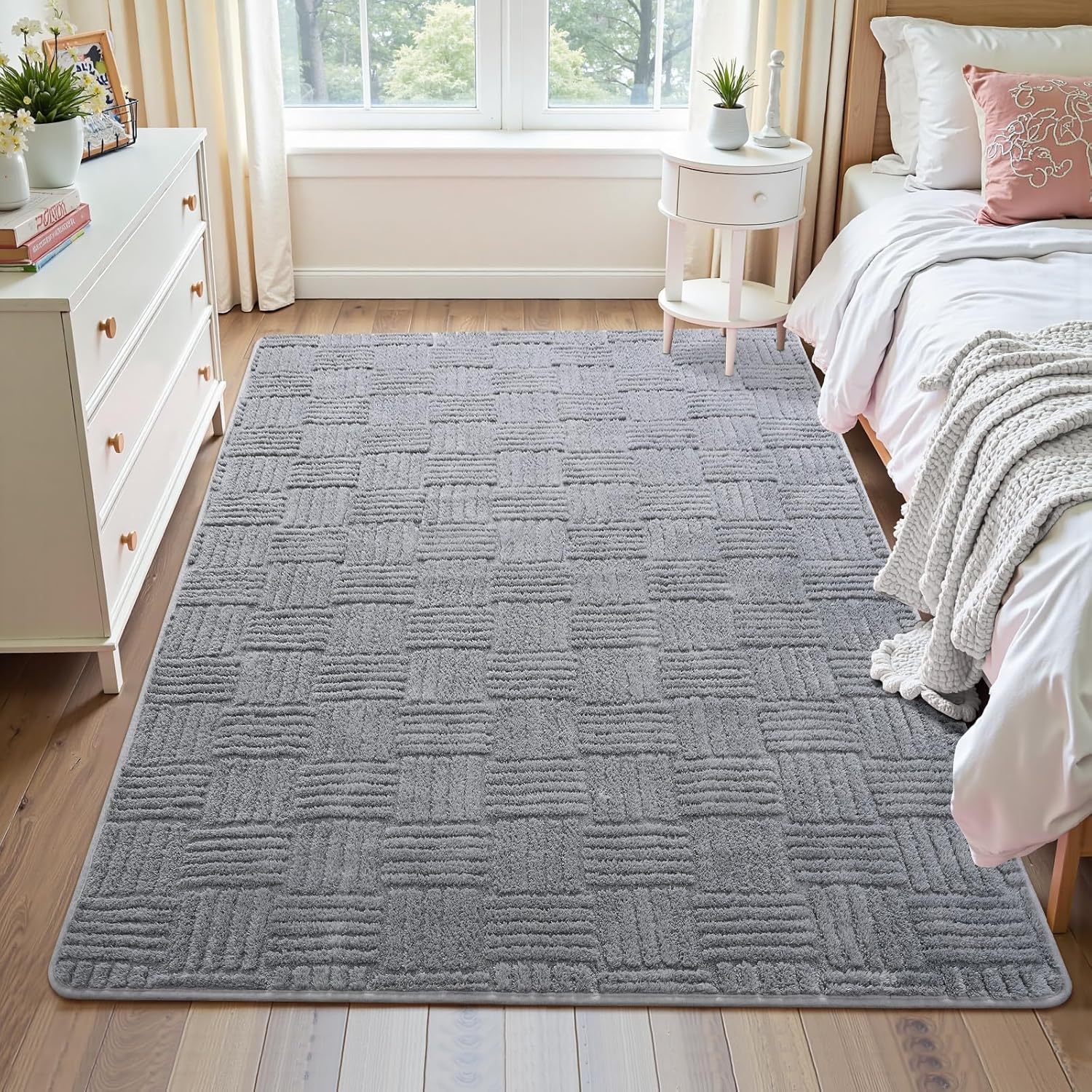 Alfombra Shag Gris 3x5 Lavable – Diseño Geométrico Moderno, Antideslizante y Ultra Suave