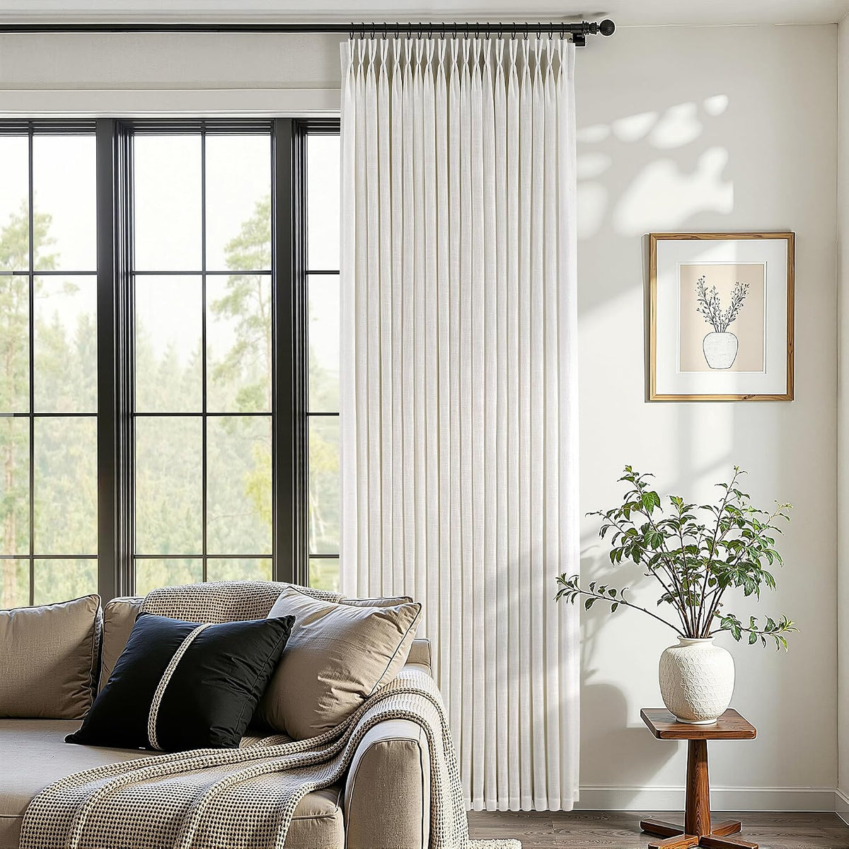 Cortinas de lino plisadas de 112 pulgadas para sala de estar. Cortinas semitransparentes de lino grueso con pliegues, efecto memoria, que filtran la luz, con ganchos plisados y lengüeta trasera para sistema de riel. Cortinas de ventana plisadas color