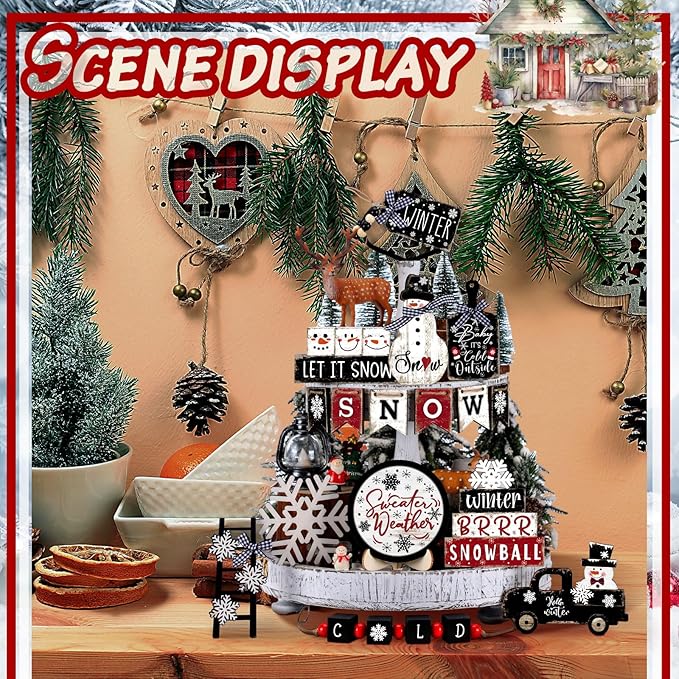 Set Decoración Navideña Vercraft x17 Piezas – Bandeja Escalonada, Muñeco de Nieve y Letreros de Madera