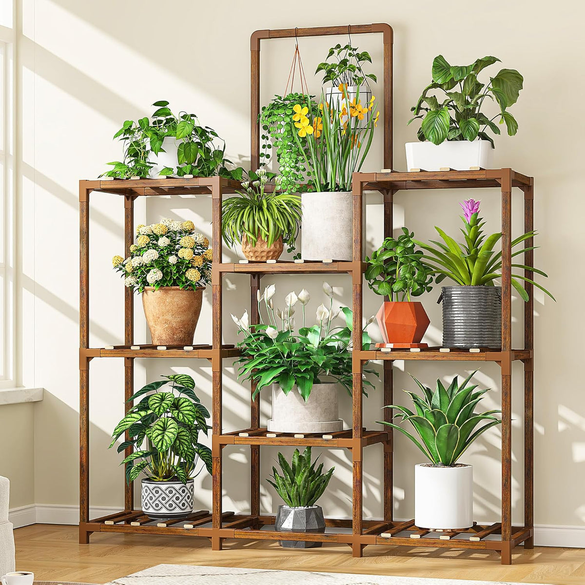 Estante para Plantas EnHomee de 8 Niveles | Soporte de Madera para Multiples Macetas | Interior y Exterior, Sala, Balcon y Jardin | 87x30x120 cm