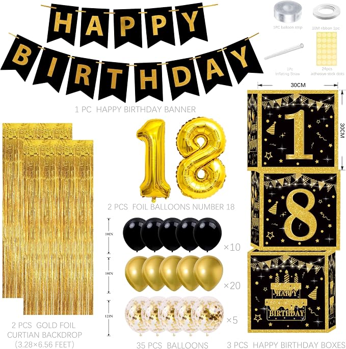 Kit Decoraciones Cumpleaños 80 Años – 3 Piezas Negro y Oro, Cajas, Globos y Favores para Hombres