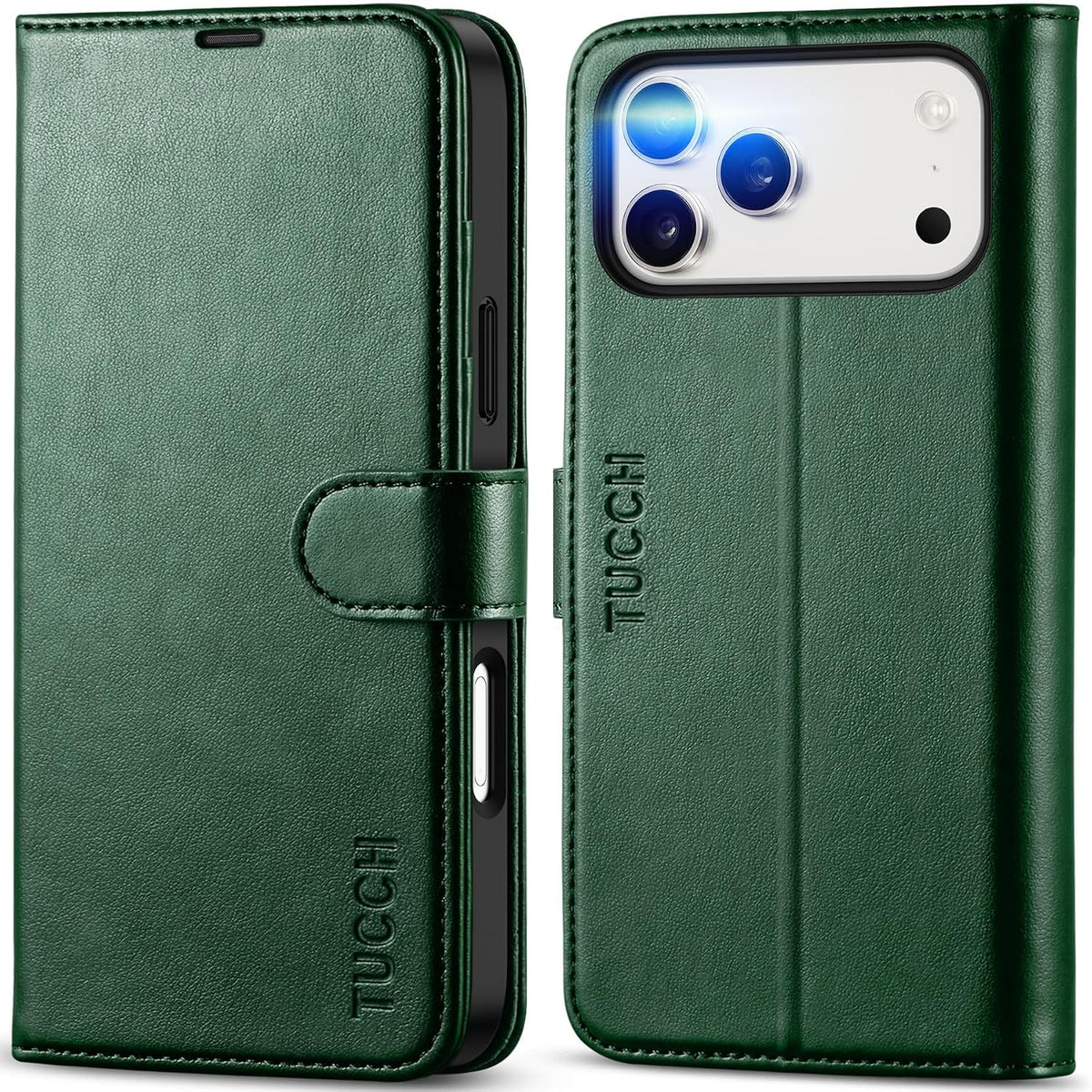 Funda tipo cartera TUCCH para iPhone 17 Pro Max (6.9") 2025, bloqueo RFID, 4 ranuras para tarjetas, soporte, carcasa de TPU a prueba de golpes, cuero PU, cierre magnético, funda protectora tipo libro, color verde oscuro.