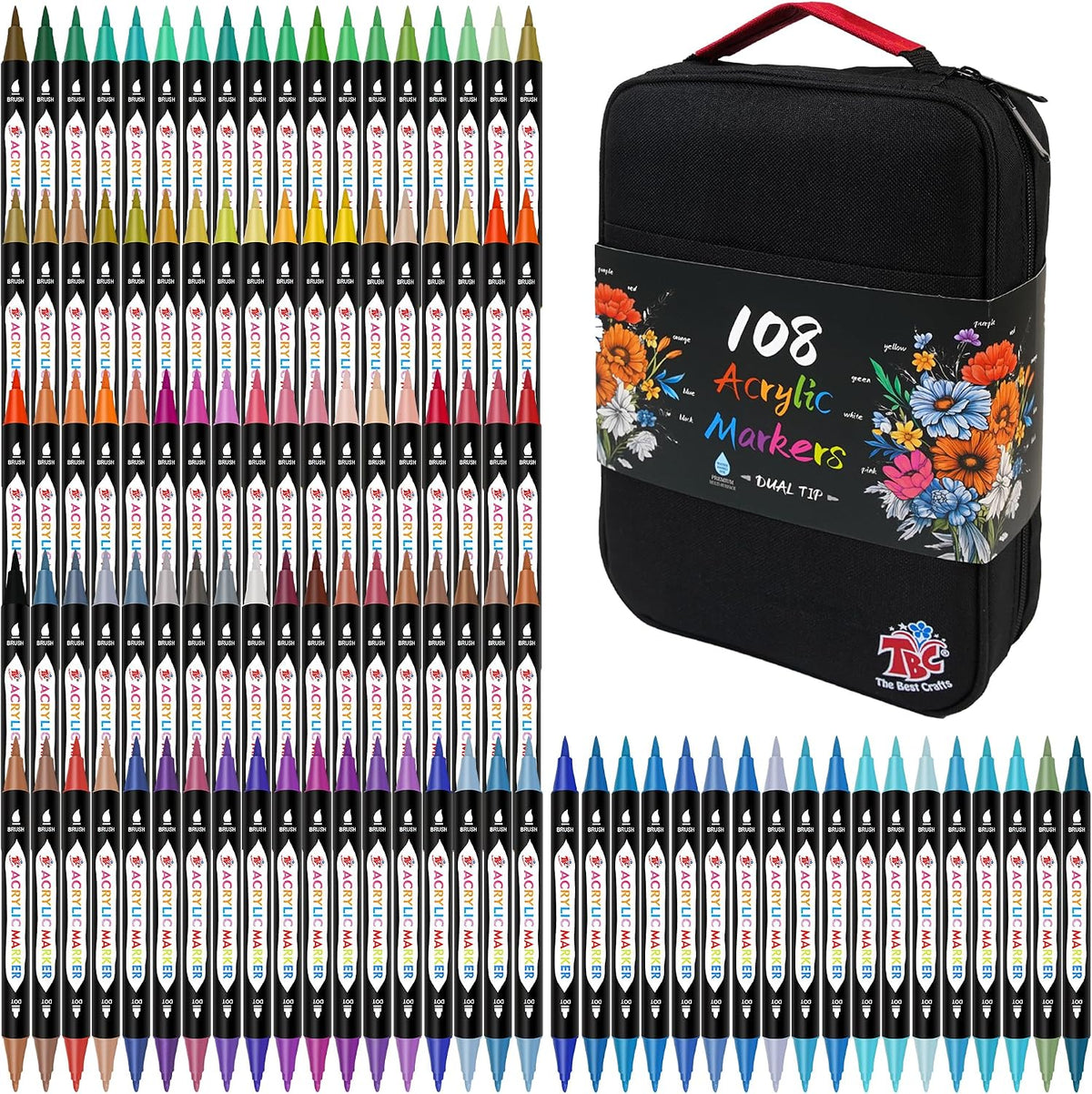 Rotuladores de pintura acrílica para adultos, 108 colores, doble punta, diseño de doble cremallera, bolsa de lona de alta calidad, impermeable, no tóxico, para lienzo, madera, vidrio, piedra, cerámica, regalo ideal de cumpleaños para adolescentes.