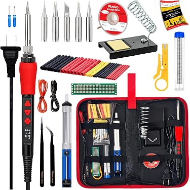 kit PLUSIVO completo de soldadura de estaño para electrónica, empacado en su estuche portátil con zipper de color rojo y negro.