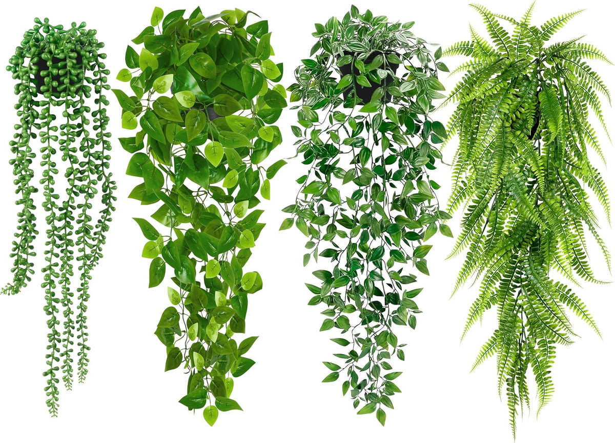 Plantas Artificiales Colgantes Palonu – Pack de 4 en Maceta: Hiedra, Helecho Persa, Mandala y Collar de Perlas