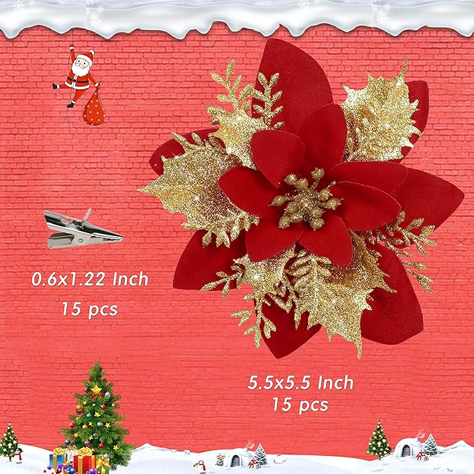 Flores de Nochebuena Artificiales Childom | Rojas con Brillantina | Clips Incluidos | Decor Navidad