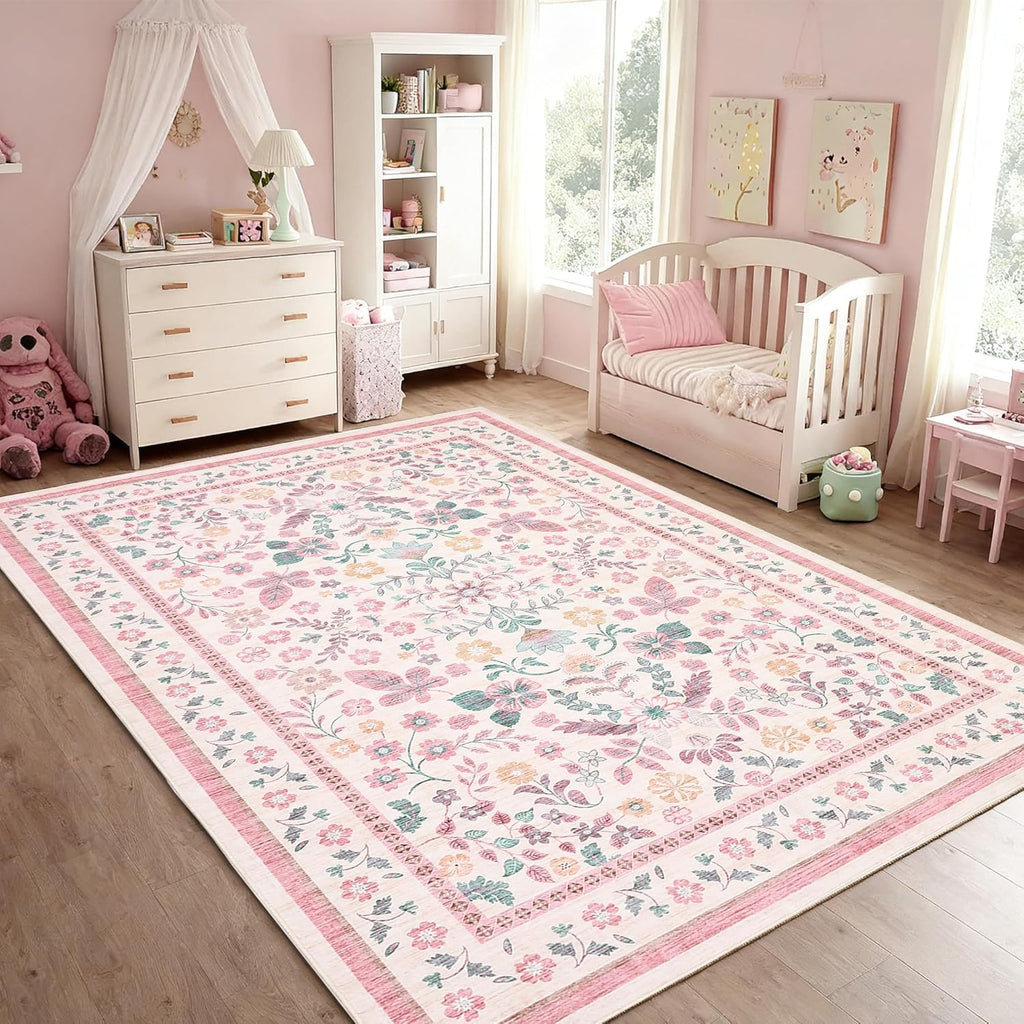 Alfombra Floral GarveeHome 6x9 para Sala | Lavable a Máquina | Grande con Base Antideslizante | Pelo Bajo Suave y Resistente a Manchas | Para Recámara y Cuarto de Niñas