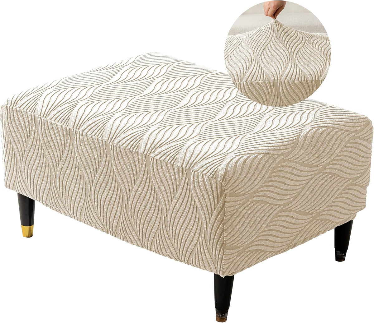 Funda elástica rectangular para otomana KaviKon, funda grande para reposapiés, protector de muebles para reposapiés con almacenamiento de jacquard y banda elástica, fundas extraíbles para reposapiés (medianas, blancas onduladas).