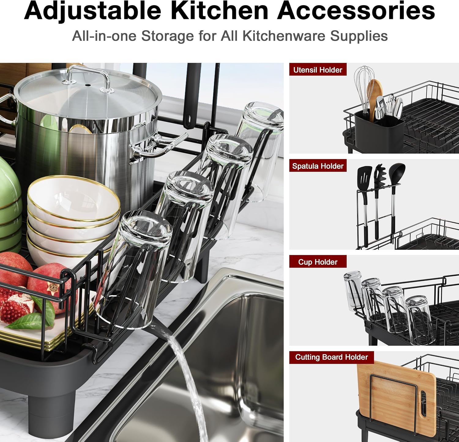 Escurridor de platos grande y extensible MAJALiS, escurridor de dos partes con bandeja de drenaje, escurridor ajustable con soporte para utensilios, soporte para espátulas y soporte para tabla de cortar, XL 32,5-52 cm, negro