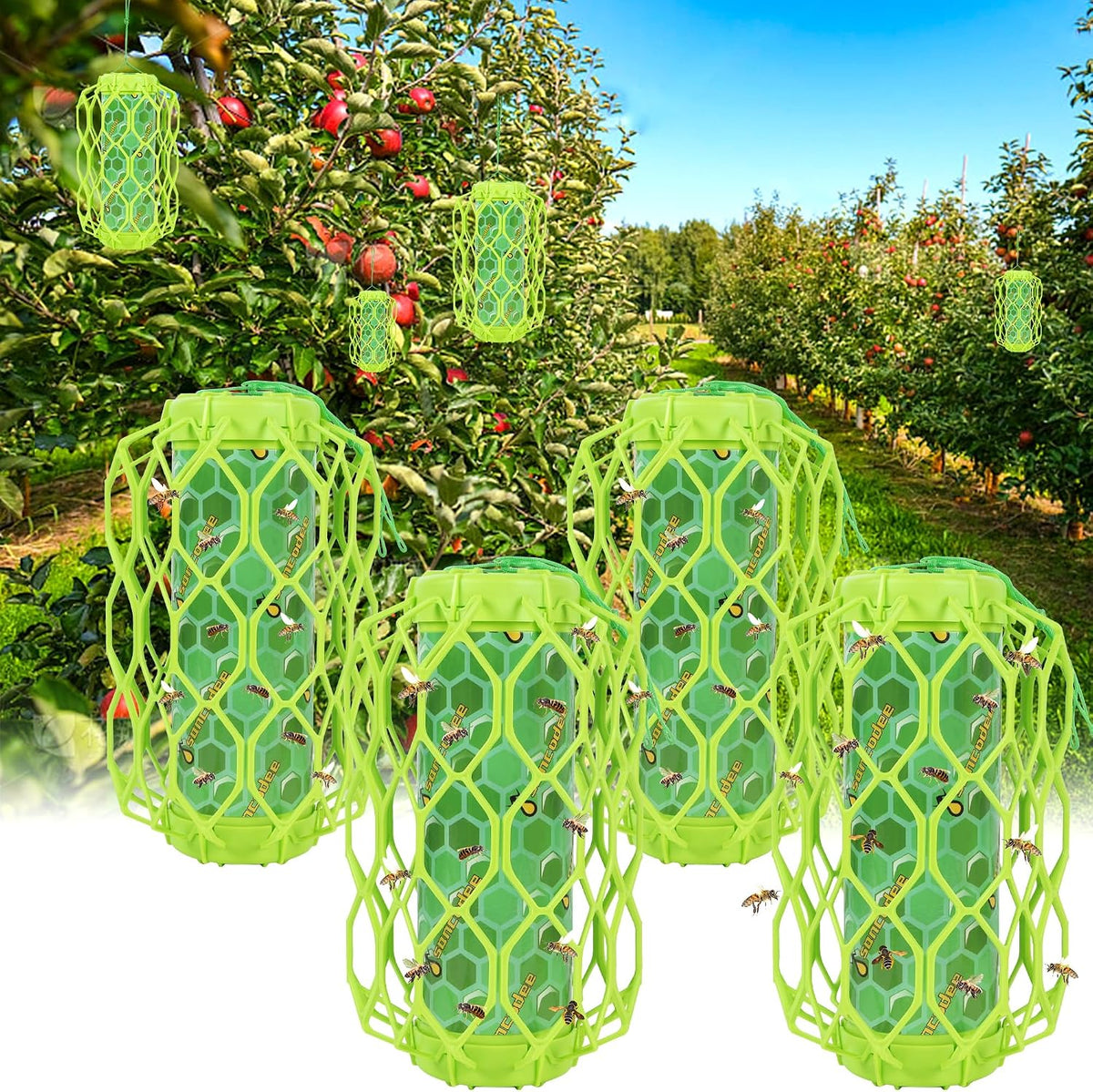 Paquete de 4 trampas para avispas Sancodee mejoradas para colgar en exteriores, atrapa abejas carpinteras y avispones, trampa reutilizable para avispas amarillas con depósito de cebo, exterminador de abejas y atrapa avispas para exteriores (verde)