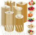 Tessco for you - Juego de 1200 mini platos para aperitivos (6 formas, vasos, cucharas y tenedores desechables para postres, fiestas, bodas, pudines, helados, dorados) 
