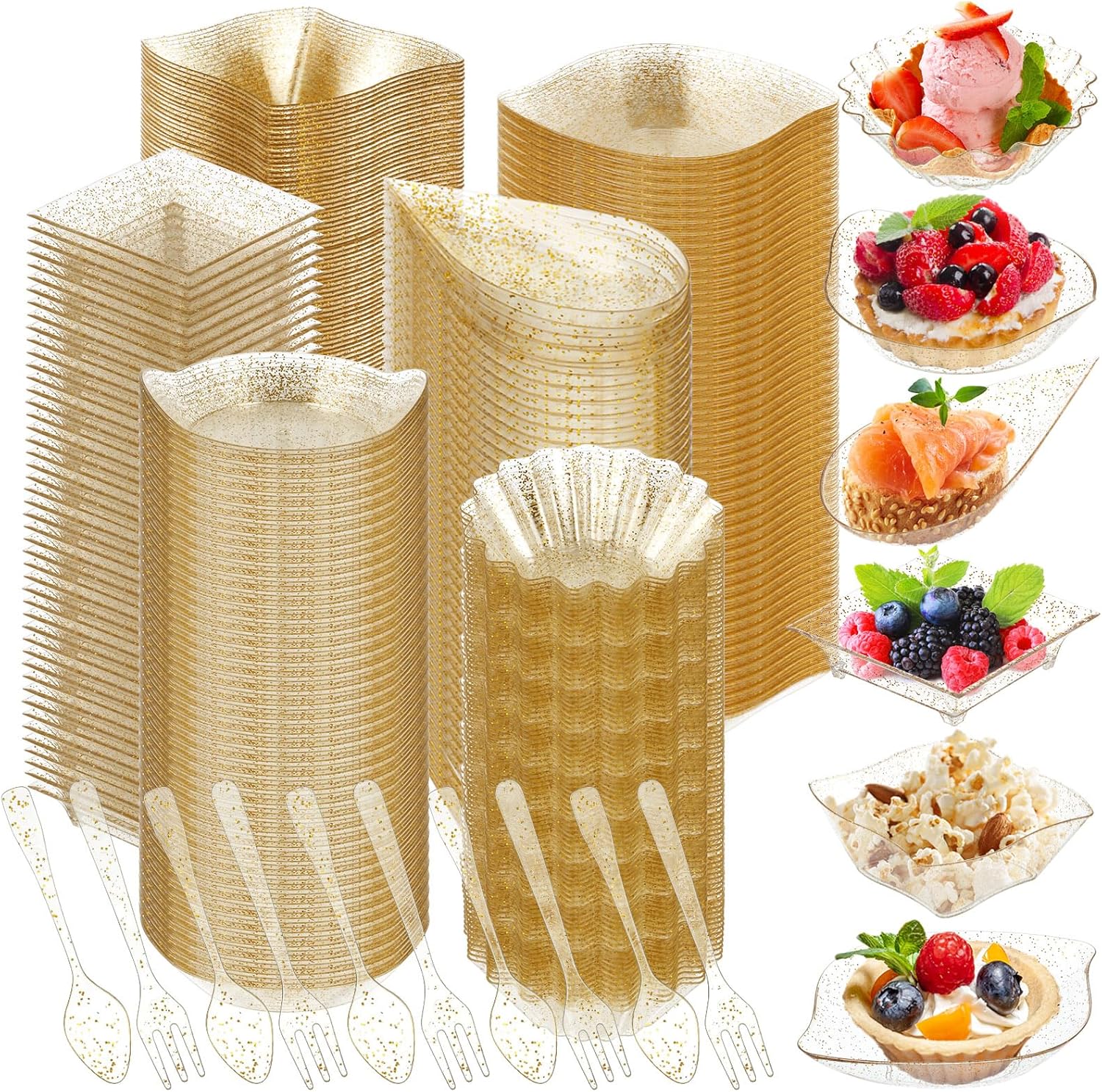 Tessco for you - Juego de 1200 mini platos para aperitivos (6 formas, vasos, cucharas y tenedores desechables para postres, fiestas, bodas, pudines, helados, dorados) 