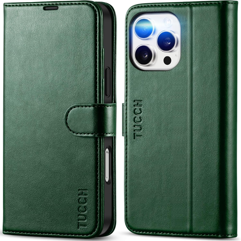 Funda de piel sintética TUCCH para iPhone 16, color verde medianoche.