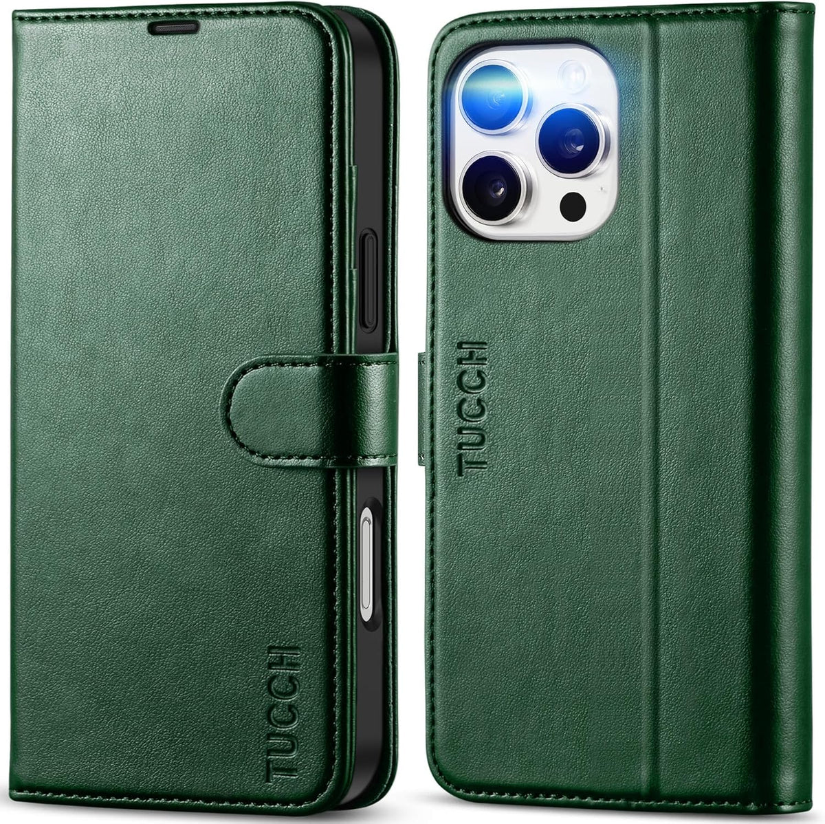 Funda de piel sintética TUCCH para iPhone 16, color verde medianoche.