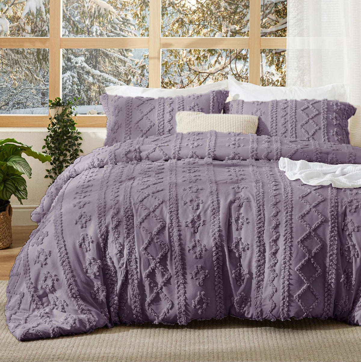 Juego de edredón bohemio acolchado Bedsure tamaño Queen - Juego de cama bohemio grisáceo-morado, ropa de cama GentleSoft® de 3 piezas con bordado estilo granja, regalos para mujer, edredón jacquard tamaño Queen para todas las estaciones