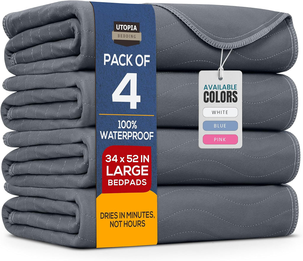 Protectores Lavables Utopia Bedding 34x52 Pulgadas (Pack de 4) | Impermeables y Reutilizables de Alta Absorción | para Incontinencia de Adultos, Niños y Mascotas | Gris