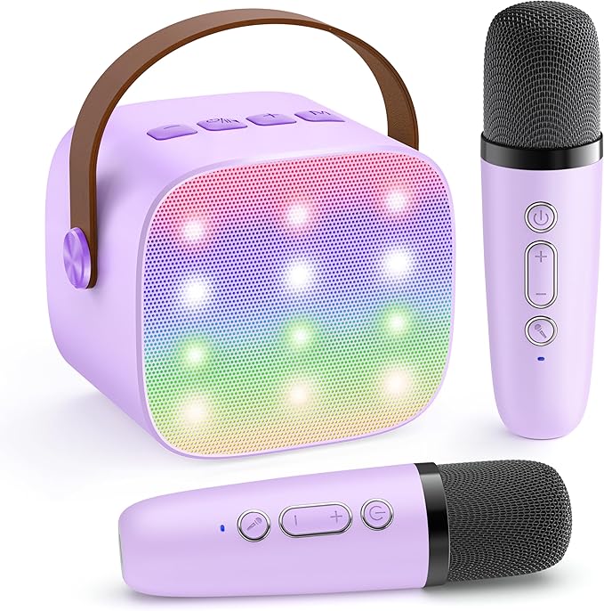 Máquina de Karaoke Portátil con 2 Micrófonos Inalámbricos - Altavoz Bluetooth, Luces LED y 4 Voces Mágicas para Niños 4-12 Años