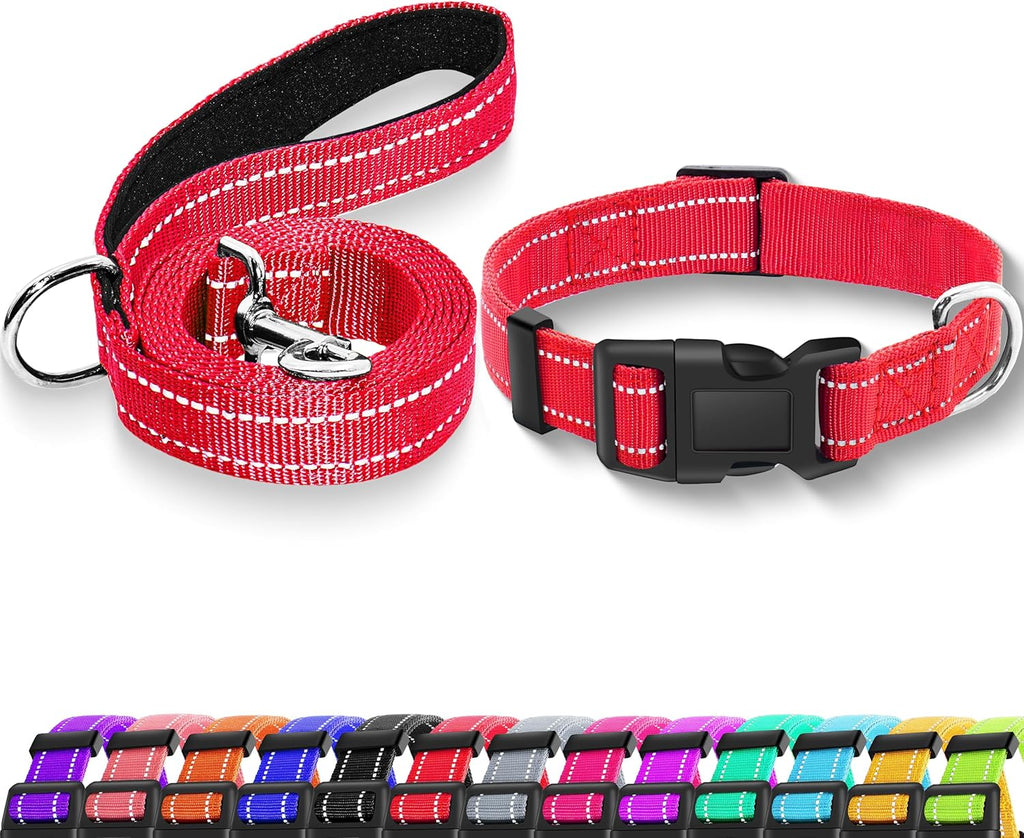 Collar Reflectivo Maiiu con Hebilla de Seguridad – Nylon Suave para Perros Pequeños, Medianos y Grandes (XS 5/8" Rojo + Correa)