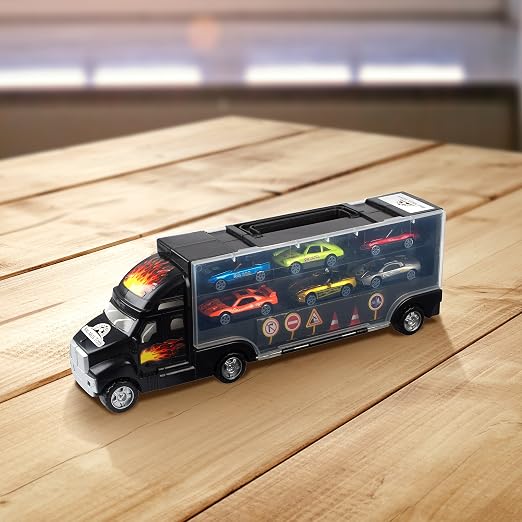 Camión transportador de coches de juguete Big Mo's Toys - Con 6 elegantes coches de carreras de metal - Con estuche de transporte, para niños, surtido