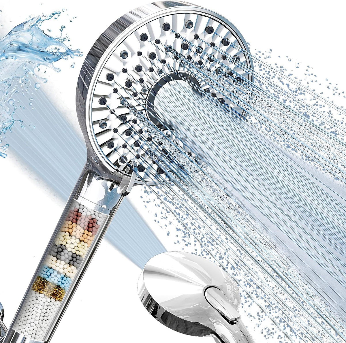Regadera Magichome Filtrada con Manual, Presión Alta 10 Velocidades Cabezal Chrome Desmontable con Manguera Inoxidable, Perlas Filtro Suavizador Agua Dura - Remueve Cloro, Reduce Piel Seca e Irritada