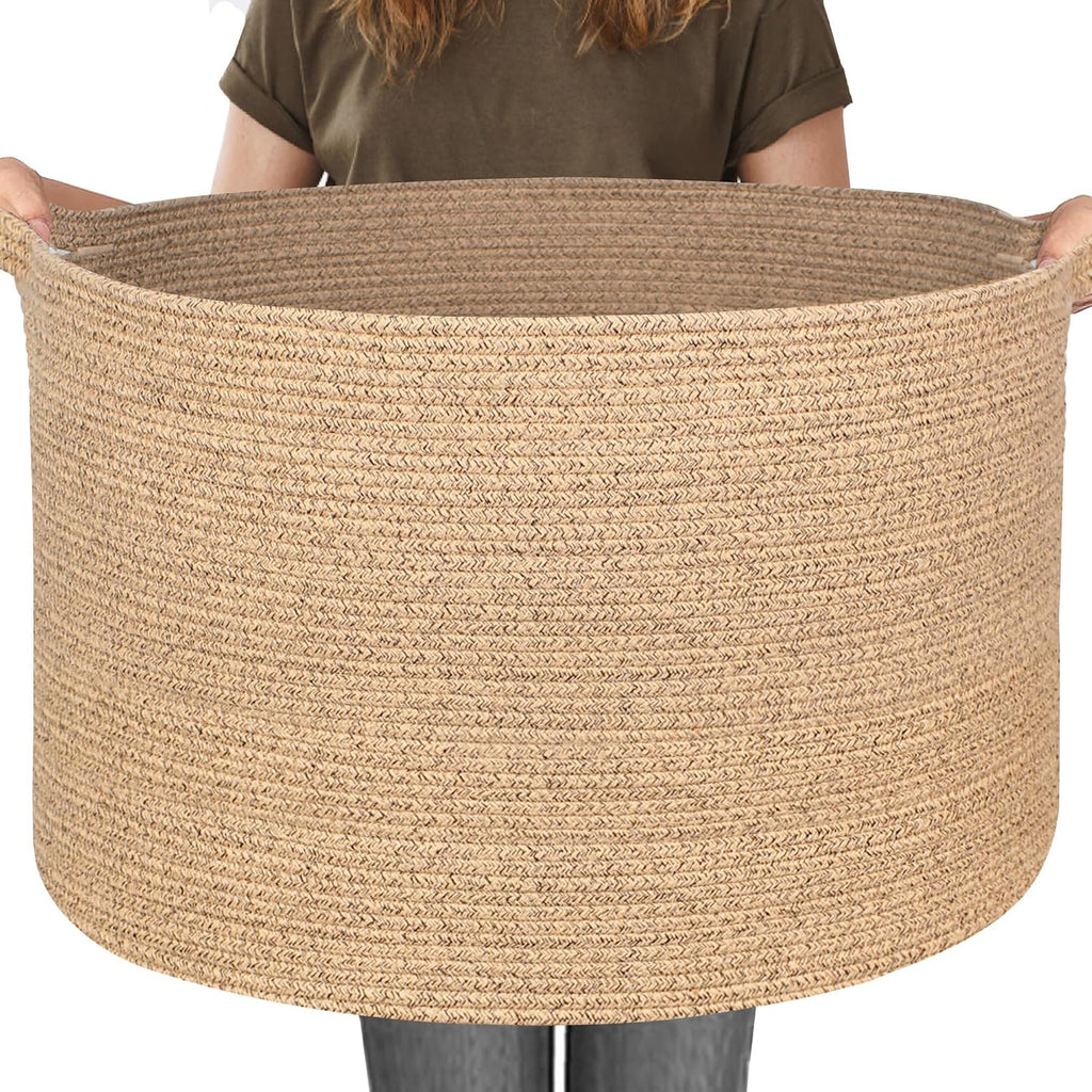 Canasta de Almacenamiento MEGASKET 115L de Mimbre | 23.6 x 15.7 pulgadas | Canasta Tejida de Cuerda de Algodon | Organizador Gigante para Juguetes, Cobijas y Cojines | Mimbre Marron Jaspeado
