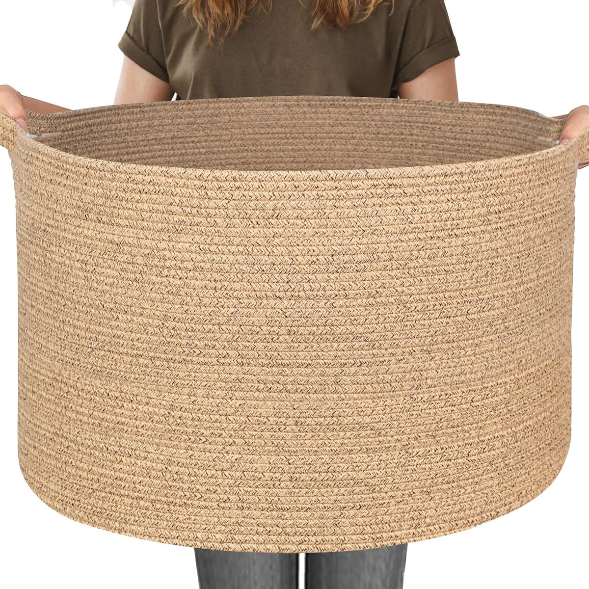 Canasta de Almacenamiento MEGASKET 115L de Mimbre | 23.6 x 15.7 pulgadas | Canasta Tejida de Cuerda de Algodon | Organizador Gigante para Juguetes, Cobijas y Cojines | Mimbre Marron Jaspeado