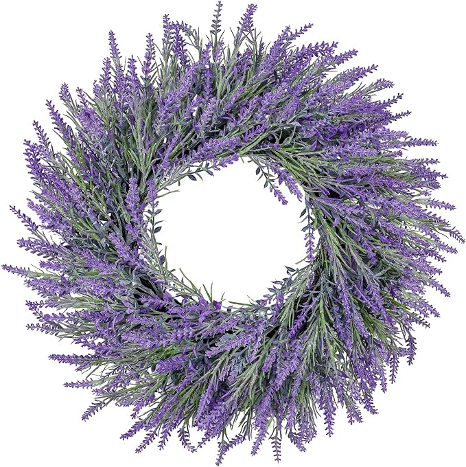 Corona de primavera de verano de 20 pulgadas para puerta delantera, corona de lavanda romántica, elegante corona artificial para puerta delantera para todas las estaciones
