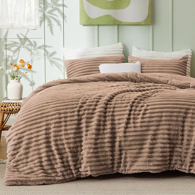 Bedsure Fluffy Comforter Set Queen – Faux Fur Fleece, 3 Piezas, Taupe