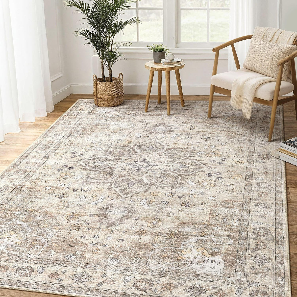 Alfombra homewill para Sala 6x9 | Suave y Lavable, Estilo Vintage Floral Desgastado | Antideslizante y Resistente a Manchas | Color Camello