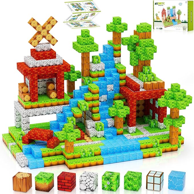 Bloques Magnéticos 157 Piezas Bloques de Construcción Magnéticos Cubos de 1" para Niños, Azulejos Magnéticos Juguete de Apilamiento, Set Construye Mundo del Bosque, Juguetes Sensoriales STEM para