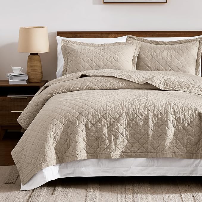 Set de Quilt de Terciopelo WDCOZY King Size – Colcha Ligera Beige con Rayas, Estilo Farmhouse, 3 Piezas