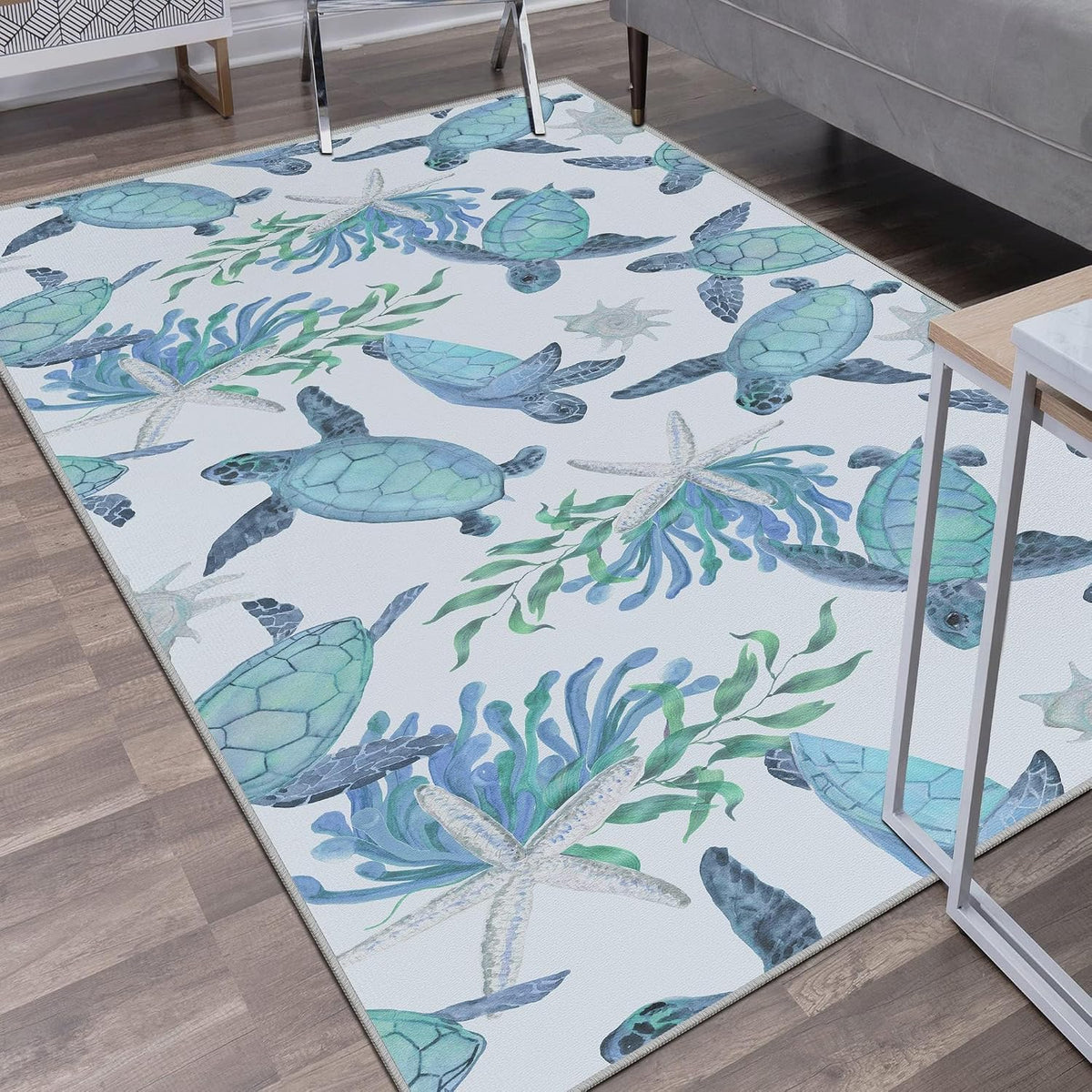 Alfombras de área de tortugas marinas costeras con temática de playa, estrellas náuticas de mar, coral decorativas, antideslizantes, para sala de estar, recámara, azul, 3 x 5 pies