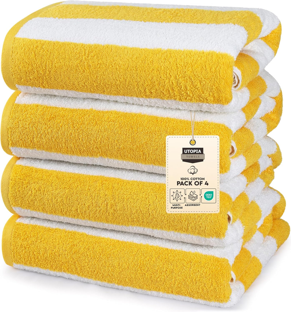 Toallas Utopia, paquete de 4 toallas de playa tipo cabaña, tamaño extragrande de 76 x 152 cm, de algodón, con textura suave de hilado en anillo, ideales para la piscina y el baño. Diseño moderno a rayas. Color amarillo.