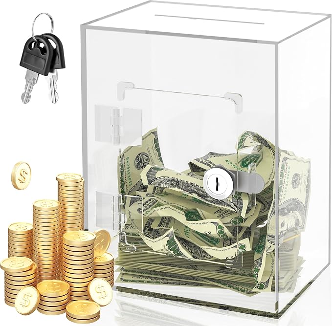 Alcancía acrílica, caja de ahorro de dinero transparente con llave, tarro de ahorro para adultos y niños