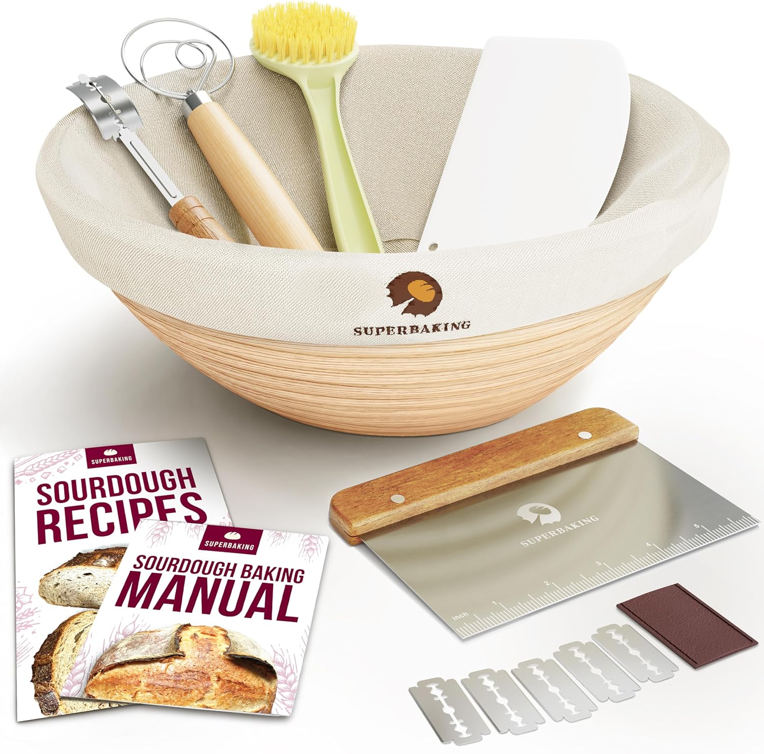 Superbaking Banneton Bread Proofing Basket, Sourdough Bread Baking Supplies, Round 9 Inch Sourdough Starter Kit, Proofing Basket for Baking, Bread Making Supplies Tools, Banneton Basket Gift Set