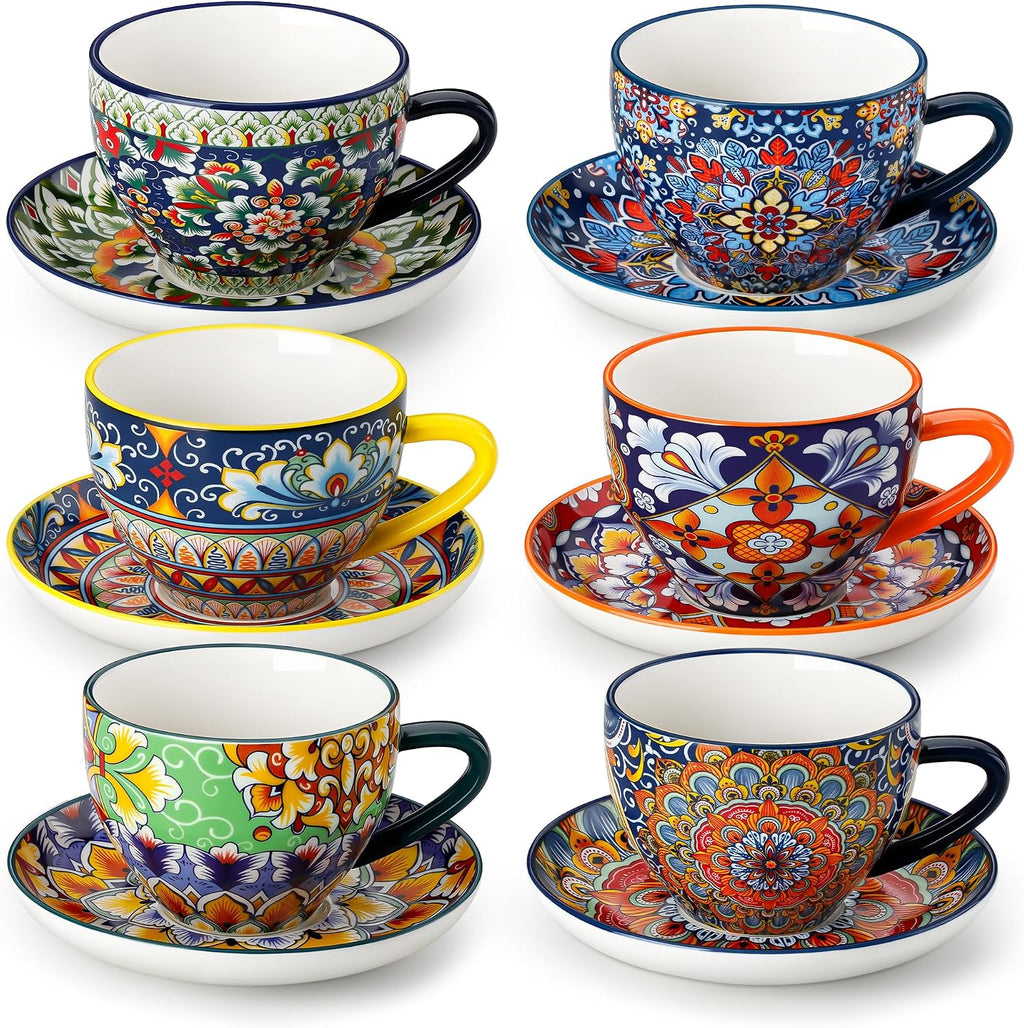 Juego de 6 tazas de capuchino Vancasso de 237 ml con platillos, tazas de cerámica bohemia para café con leche, té y espresso, aptas para microondas y lavavajillas. Tazas y platillos de porcelana para la cocina o cafetería.